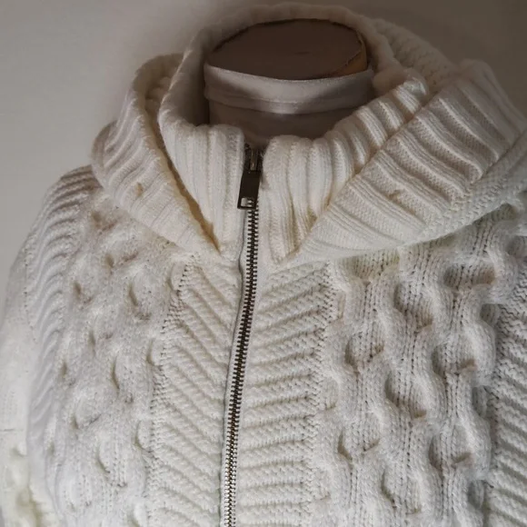 Makobi Men’s Streetwear Sweater Cable Knit Zip Cardigan Cream Hooded Pockets XL - Picture 2 of 15